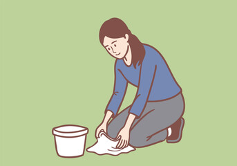 A young woman sits and mops a wet floor with an absorbent cloth. Hand drawn style vector design illustrations.
