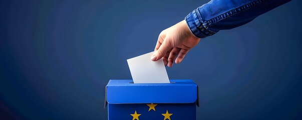 Man placing vote in EU ballot box on blue background. European Union election concept. Political campaign. Design for poster, flyer, banner, website with copy space