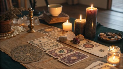 Fototapeta premium Mystical Tarot Card Spread on Velvet Intimate Setting High-Quality Photography Enigmatic Mood