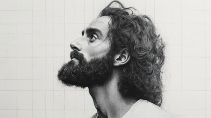 Hyper-realistic profile portrait of Jesus Christ with long hair and beard in black and white