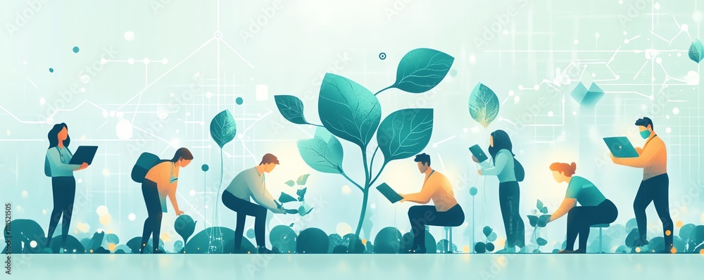 Fototapete data scientists of various ethnicities planting seeds in a hightech environment, illustrating the gr