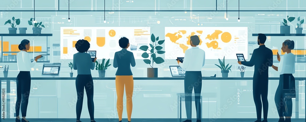 Fototapete data scientists of various ethnicities planting seeds in a hightech environment, illustrating the gr