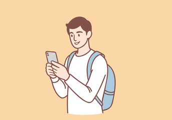 A backpacker tourist is taking photos with his mobile phone. Hand drawn style vector design illustrations.

