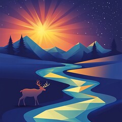 Fototapeta premium Majestic deer by a river at sunset, mountain landscape.