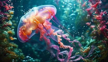 A mesmerizing jellyfish, bathed in a soft blue light, floats gracefully through the water. Its translucent body shimmers with vibrant colors, creating a captivating underwater scene.