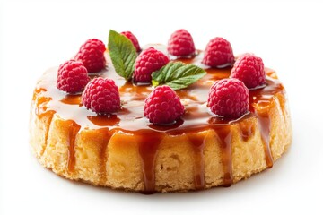 Delicious pineapple upside down cake with caramel glaze and fresh raspberries isolated on a white...