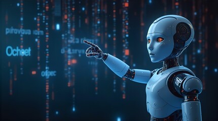 Futuristic Childlike Robot Interacting with a Holographic Data Stream, Pointing to an Octal Code, Blue and Orange Hues, Sci-Fi Setting