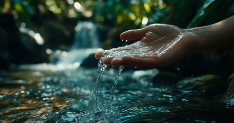 Crystal Clear Water Flowing into Open Hand in a Serene Natural Setting with Soft Sunlit Background