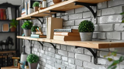 Fototapeta premium Installing Shelves: Add functional storage and style by mounting shelves on walls, perfect for organizing books, decor, or tools while enhancing your home’s design. 