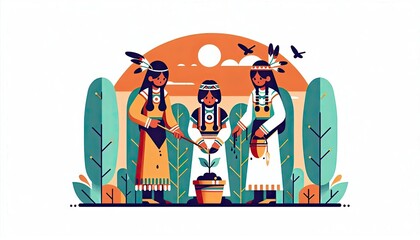 Obraz premium Native American sisters teaching traditional planting techniques to youth