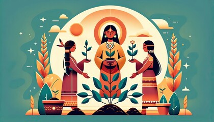 Three sisters teaching agricultural wisdom in a harmonious abstract illustration