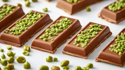 A close-up of chocolate bars topped with green pistachio pieces, showcasing a delicious treat.