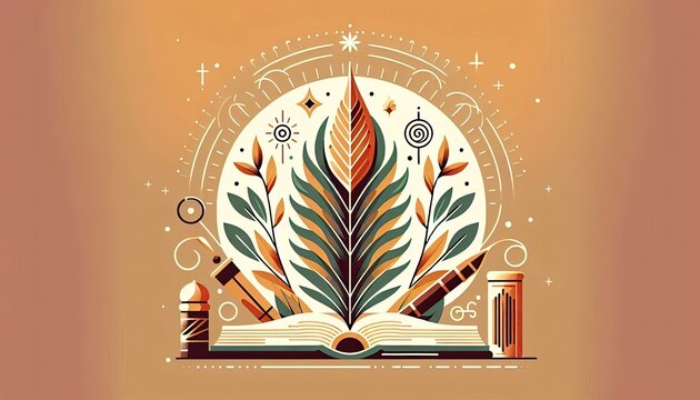 Illustrated depiction of cultural preservation with ornate palm leaf manuscript