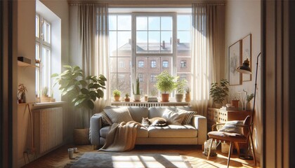 Cozy living room with sunlight streaming through large windows and indoor plants