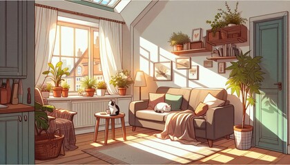 Cozy living room with sunlight streaming through large windows and houseplants