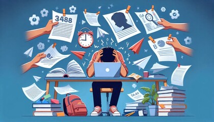 Stressed student overwhelmed by exams and academic pressure at study desk