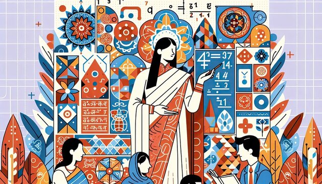 Vedic mathematics teacher explaining patterns in a culturally diverse classroom setting