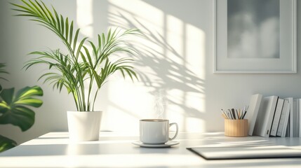 White table, plant, coffee, sunlit. Perfect for blogs, websites, or peaceful imagery.