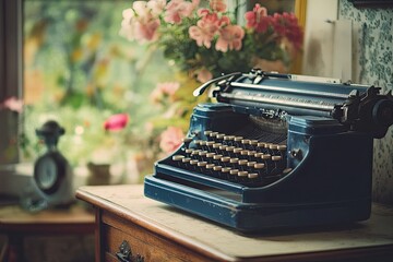 Vintage typewriter on a table with flowers in a cozy setting.