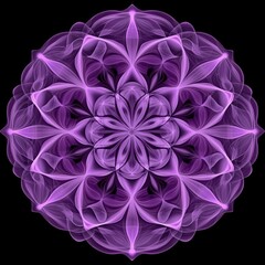 Purple floral mandala design on black background.