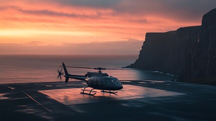 A helicopter sits on a helipad on a cliff overlooking the ocean at sunset.