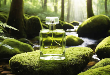 Glass Perfume Bottle Lush Moss Enchanted Forest Ferns Rocks Mood Lighting Detailed Intricate Photorealistic Natural Beauty Serenity