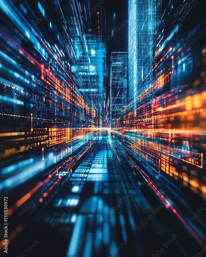 Poster Dynamic abstract image illustrating digital transformation in business, with advanced technology integrating into corporate processes for increased efficiency and innovation