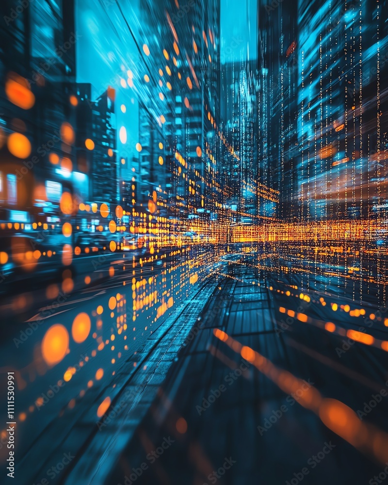 Fototapete Dynamic abstract image illustrating digital transformation in business, with advanced technology integrating into corporate processes for increased efficiency and innovation