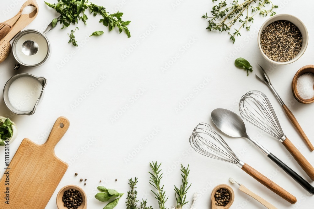 Poster colorful kitchen utensils like spatulas, whisks, and pots are neatly arranged on a white surface, cr