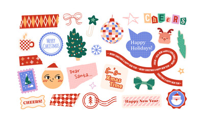 New Year stickers in collage style. Christmas elements for planners, banners decoration, greeting labels set. Emoji and cute characters, xmas stamps, letters, torn paper and tapes. Vector illustration
