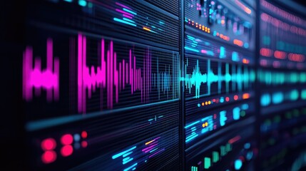 Soundwave visualization on digital screen with vibrant colors, abstract design.