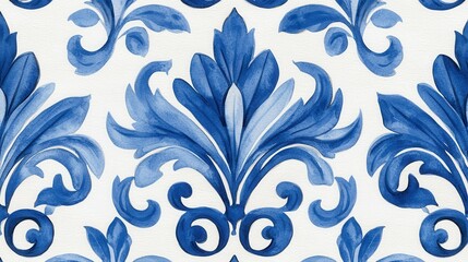 Elegant Blue and White Watercolor Baroque Floral Seamless Pattern Background