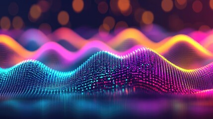 Abstract wave patterns in vibrant neon colors on a dark background.