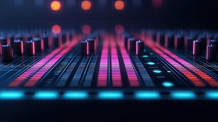 Close-up of a colorful audio mixing console in a studio setting.