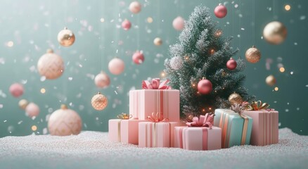 Pastel Christmas Scene with Christmas Tree Gift Boxes Ornaments and Confetti