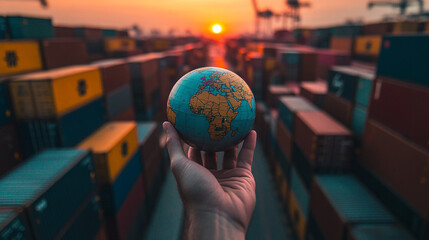 Holding a globe amid shipping containers at sunset in a bustling port