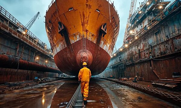 A worker stands before a large ship in a dry dock for repairs.