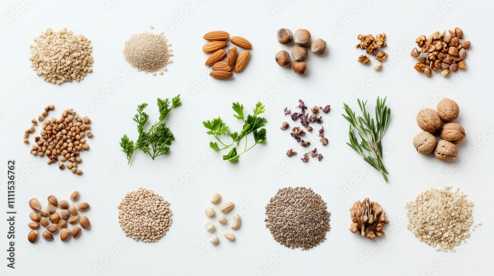 Aufkleber various organic seeds, nuts, and herbs are neatly arranged on a white surface, providing ample space