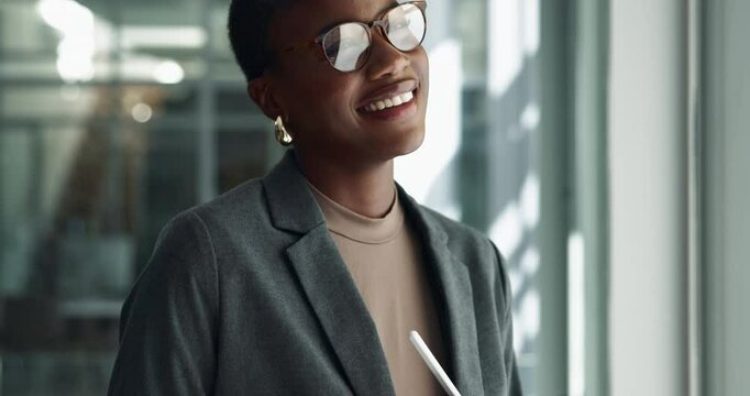 Pen, tablet and business black woman in office thinking for website, research and online project. Creative company, professional and person on digital tech for planning, software and web design ideas