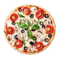 A freshly baked pizza topped with cheese, tomatoes, mushrooms, olives, and basil.