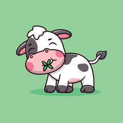 Cartoon Cute Cow Eating Grass Vector Icon Illustration. Animal Nature Icon Concept Isolated Premium Vector. Animals Cartoon Style