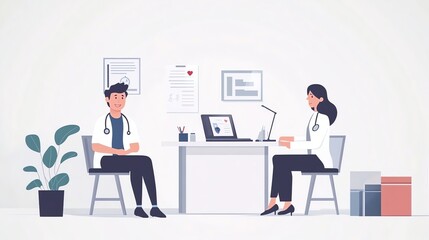 Fototapeta premium A doctor and a patient sit at a desk, with the doctor explaining something on their laptop.