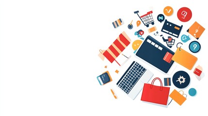 Fototapeta premium A laptop with shopping icons and a woman shopping online.