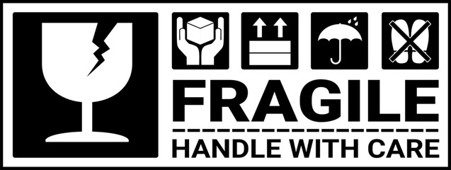 sticker fragile handle with care, black fragile warning label with broken glass symbol, this side up sign, keep dry and avoid liquid sign, do not trample. sticker for packaging.