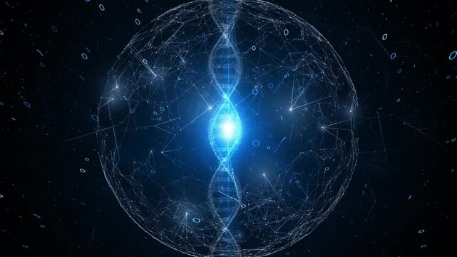 3d loop rotation dna chain and sphere with binary numbers.