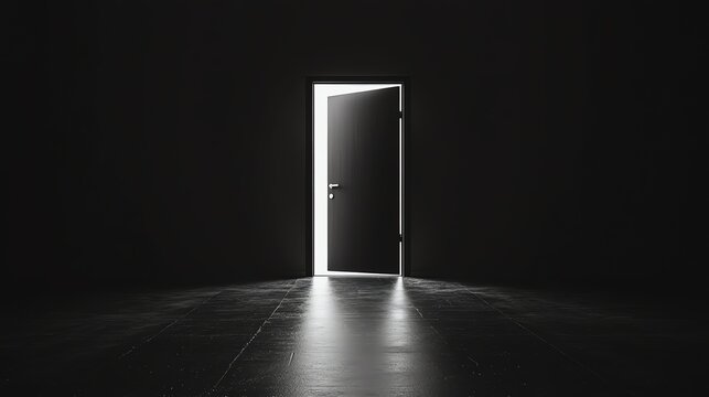 A door in a dark room is open, revealing bright light behind it.