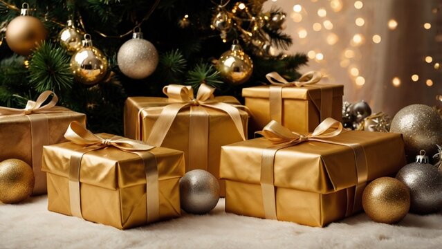 A Christmas Presents With Gold Wrapper Decorated