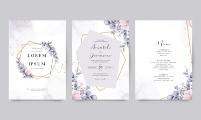 Floral purple leaves geometric arranged wedding invitation card set