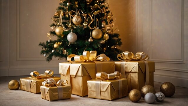 Christmas Gifts With Gold Ornaments And A Christmas Tree In The Background