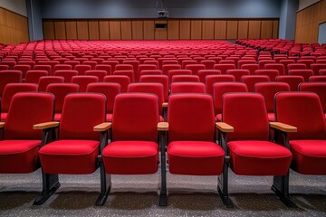 Naklejka premium Rows of empty red theater seats fill the auditorium. Perfect for concepts of performance, entertainment, or event planning.